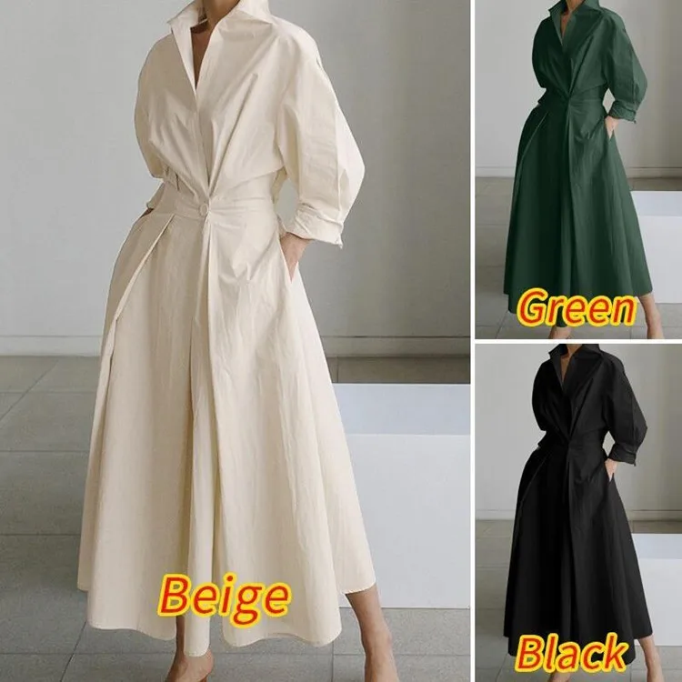 Moda coreana camisa de manga larga Maxi vestido de mujer elegante cuello vuelto vestido fruncido elegante Oficina señora ropa de otoño ropa de calle