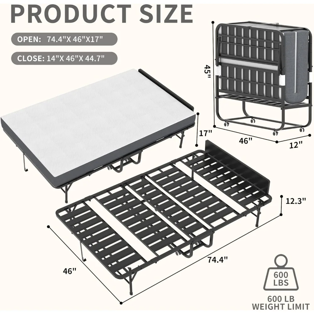 سرير قابل للطي مع مرتبة، سرير قابل للطي مقاس 74 × 46 للبالغين، سرير مزدوج محمول مع لوح رأسي وإطار معدني قوي #3
