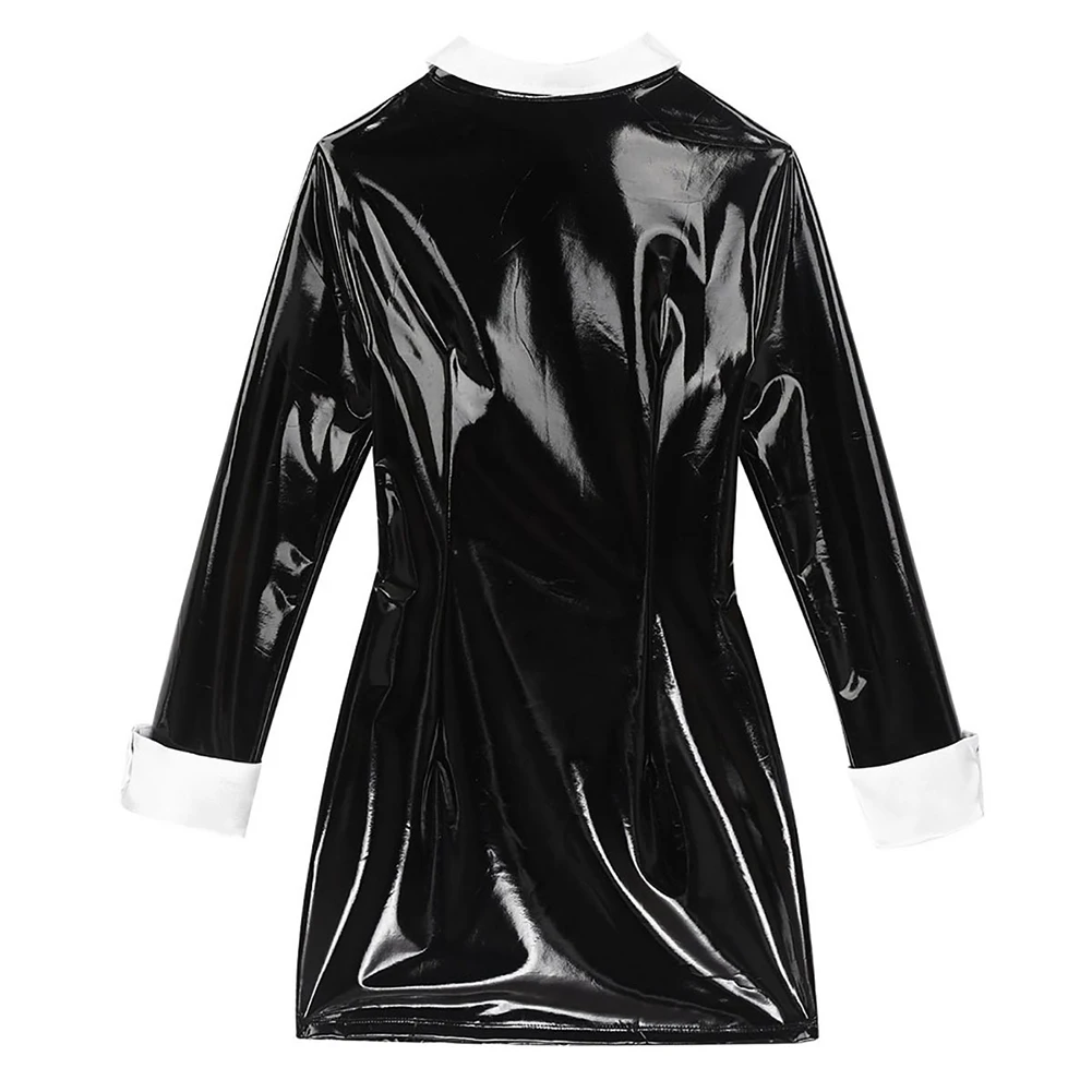 

Women Steampunk Style Maidservant/Nun Role-playing Uniform Shiny Leather Latex Bodycon Mini Dress Stage Performance Clubwear