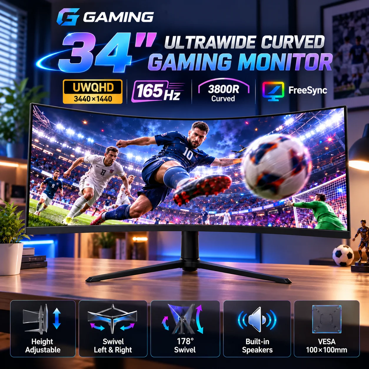 Monitor Gifty987, monitor curvo ultragrande de 34 pulgadas para juegos, 165 Hz, resolución Uwqhd de 3440×1440, soporte ajustable en altura