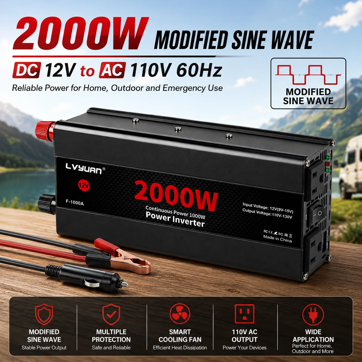1500W 2000W 2600W 6000W Modified Sine Wave Power Inverter DC 12V to AC 110V 60Hz Car Converter with Dual US Outlets USB Port Battery Clamps Aluminum Alloy Housing for Car Truck RV Camping Outdoor Emergency Backup Home Appliances