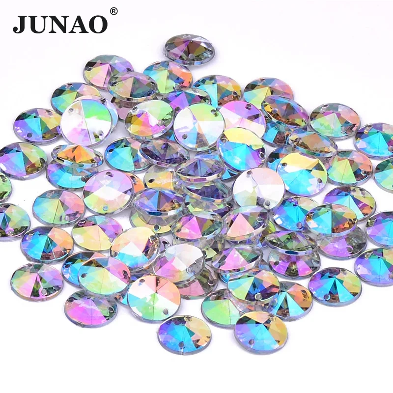 JUNAO 1000pc 10mm Sew On Crystal AB Rivoli Rhinestone Applique Round Flatback Acrylic Gems Sewing Strass Stones For Dress Crafts