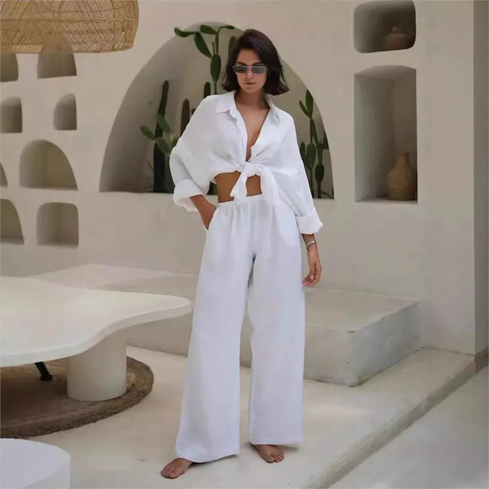 

Women's Casual 100% Cotton Shirt Wide Leg Pants Suits Spring Loose Long Pants Fashion Office Ladies Long Sleeves 2piece Set 2025