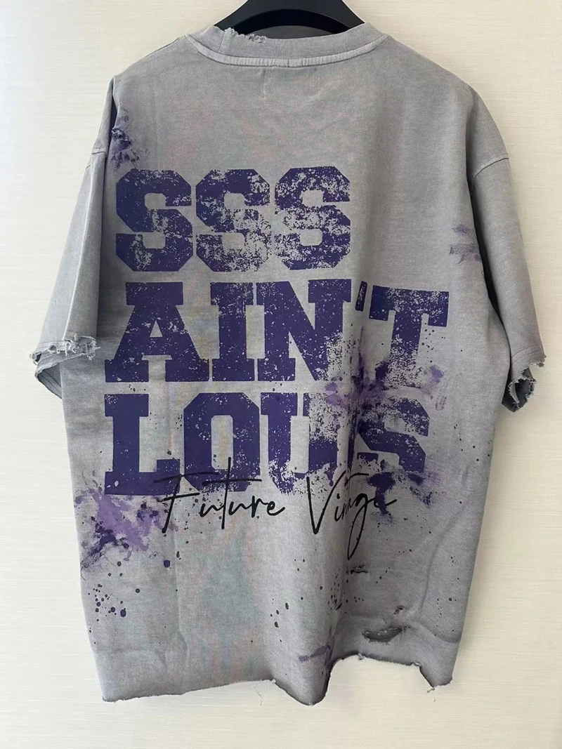 Purple Print SSSAINT LOUIS Logo T Shirt Men Women Graffiti Manual Destruction Short Sleeve Loose T-shirt Tops