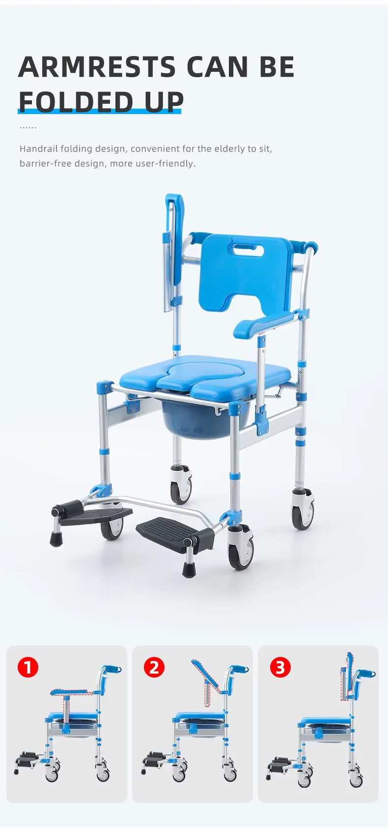 Silla de Inodoro 3 en 1 Ajustable, Plegable, Antivuelco, de Aluminio, con Reposapiés y Asiento Acolchado de Esponja, para Personas Mayores y con Discapacidad