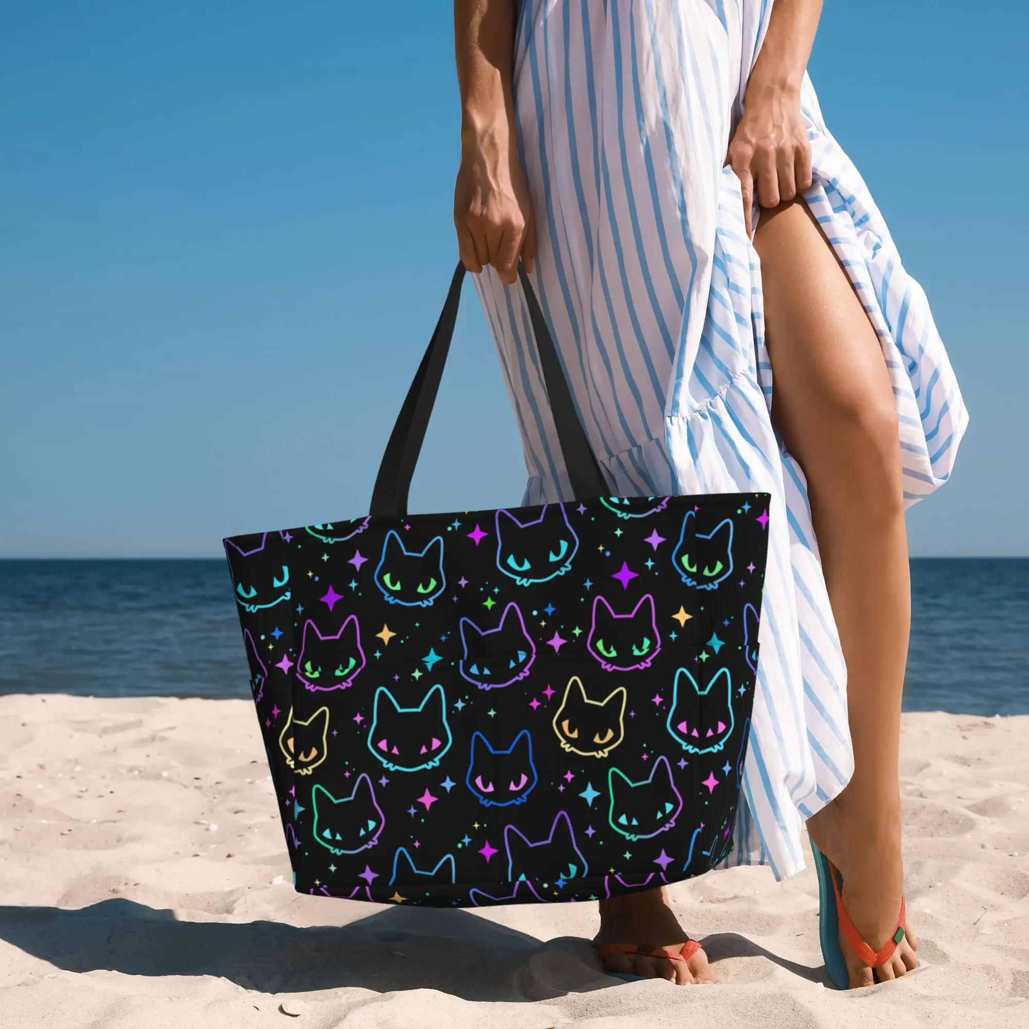 Colorful Neon Cat Heads Large Waterproof Beach Bag for Women Ladies Sandproof Tote Bag Pool Bags for Travel Vacation Gym Swim