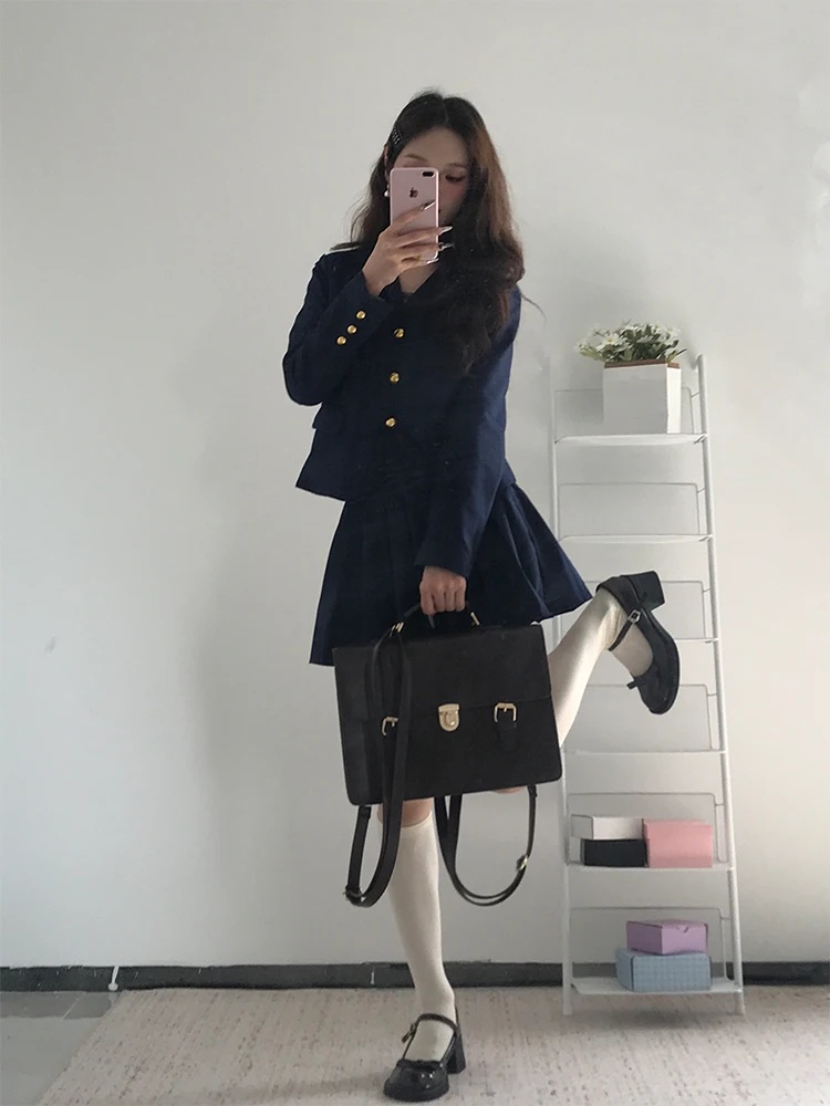 Minceur coréen collège Sle costume ensemble femmes automne nouveau k bleu costume Jaet jupe plissée deux pièces ensemble Faionable