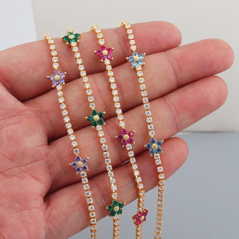 Luxury Rainbow CZ Flower Tennis Chain Bracelet For Women Girls Iced Out Bling CZ Paved Colorful Daisy Flower Bracelet