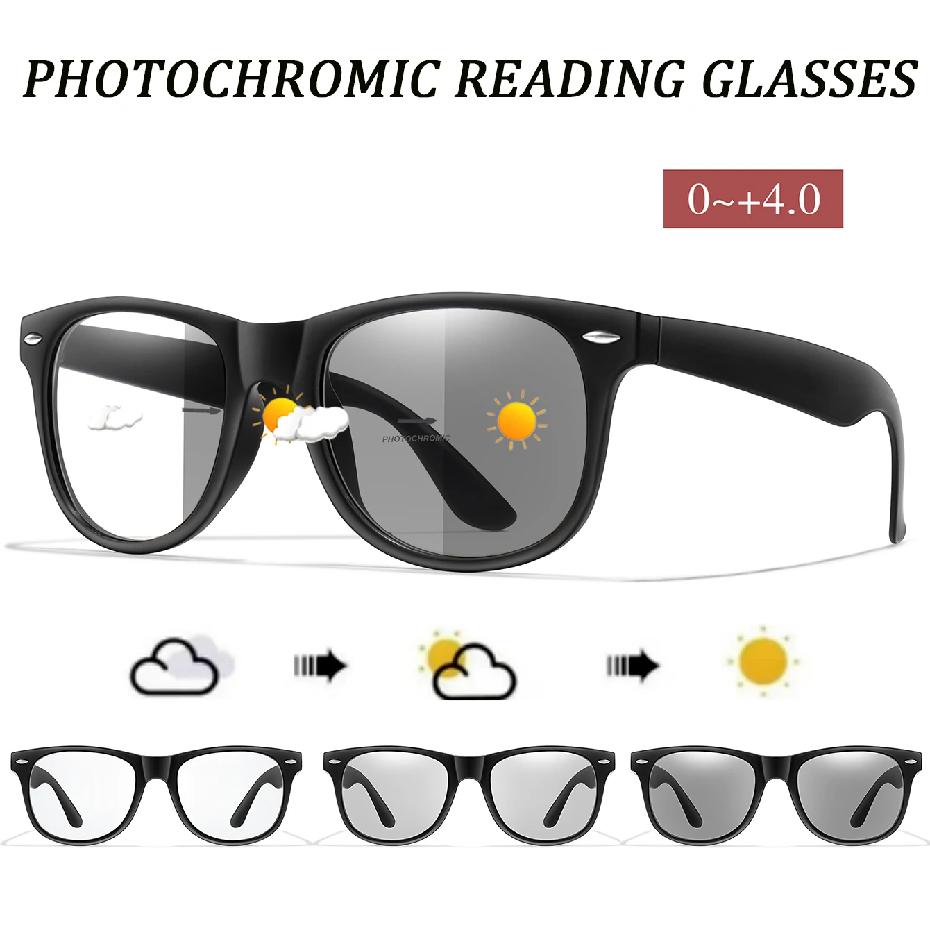 Klassische photochrome Lesebrille quadratisch Metallrahmen Presbyopie-Brille Anti-Blaulicht-blockierende ultraleichte Brille +150 +200
