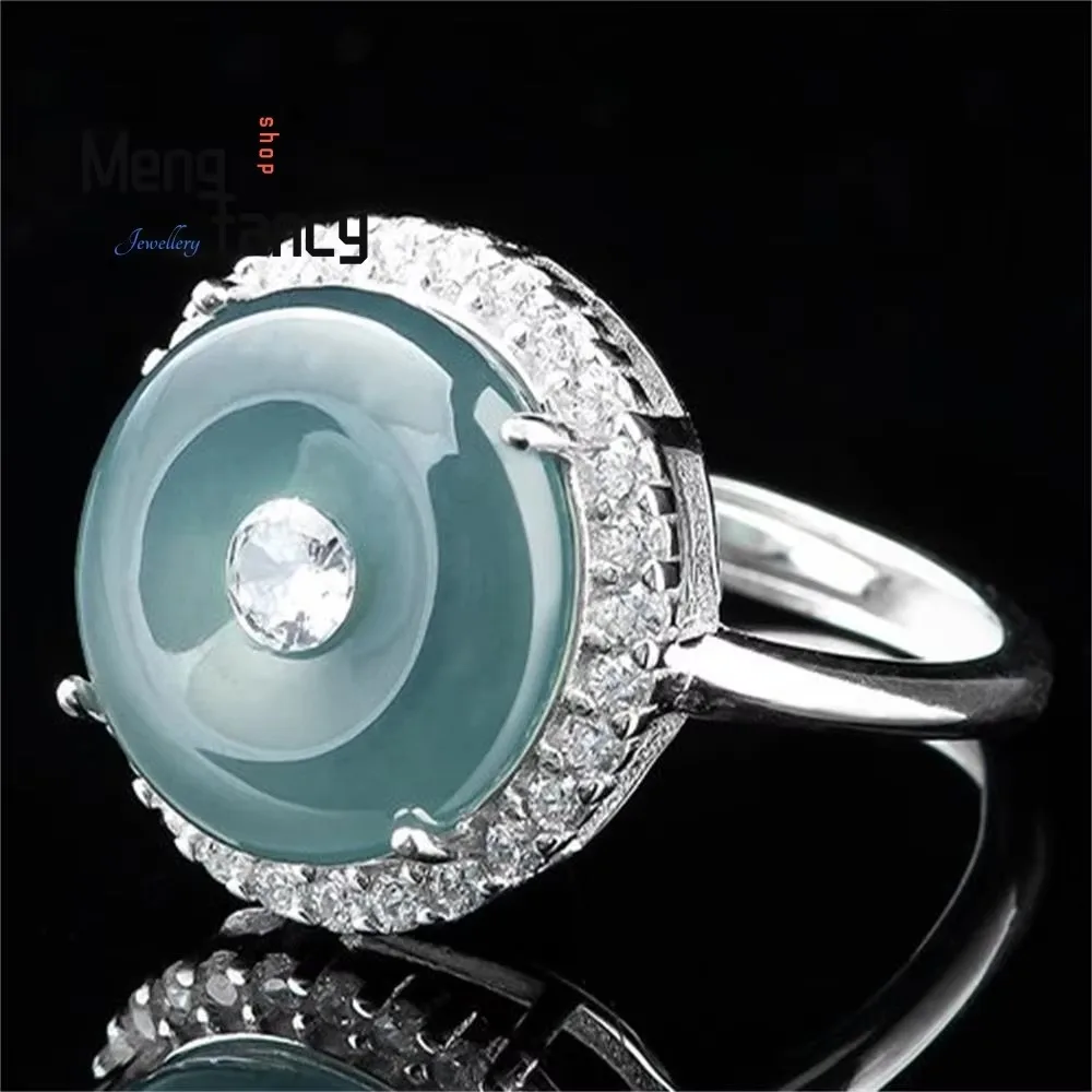 

S925 Silver Inlaid Natural A-goods Jadeite Blue Peace buckle Ice Jade Ring Adjustable Exquisite Elegant Fashion Luxury Jewelry
