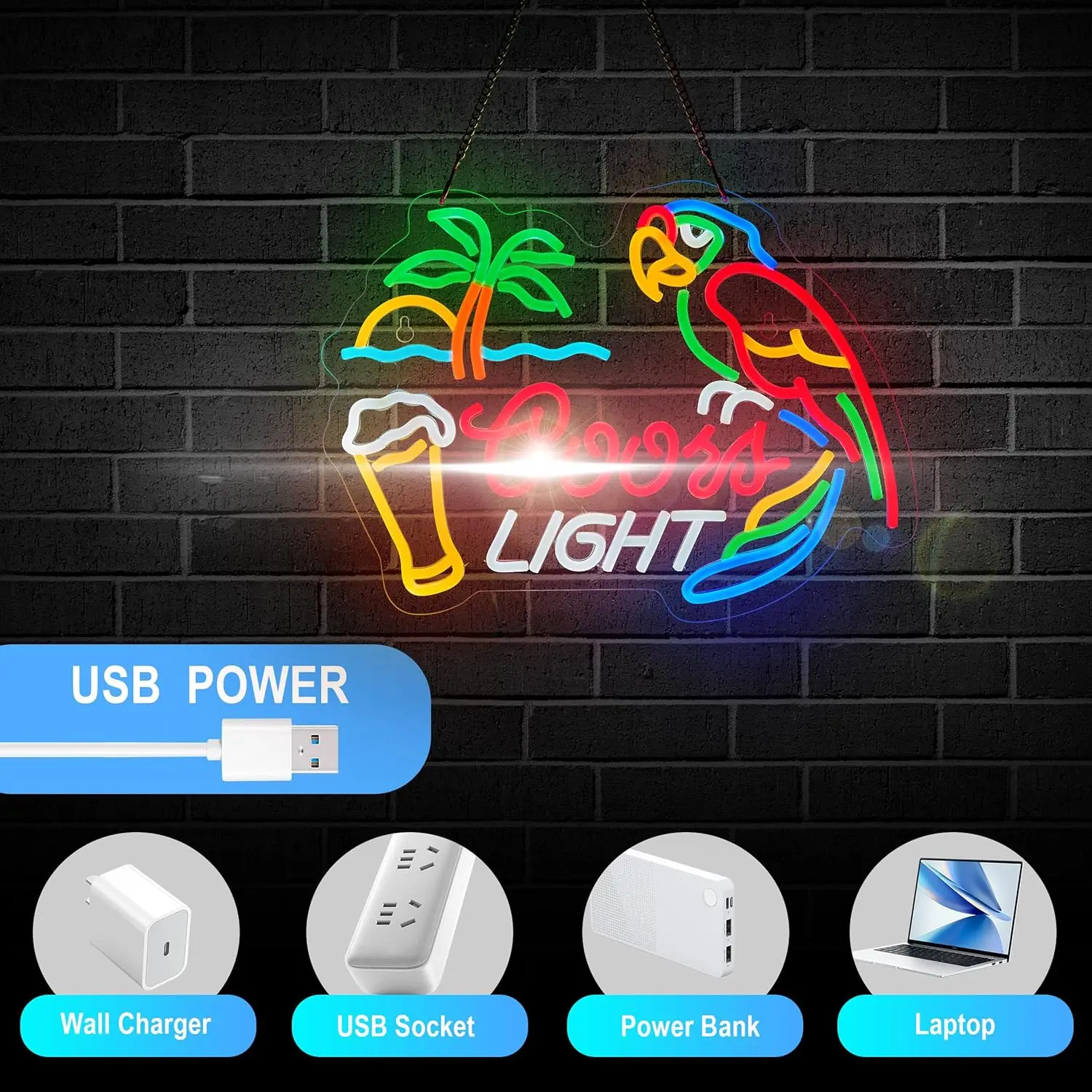 LED neonvägglampa papegoja – USB - usage example