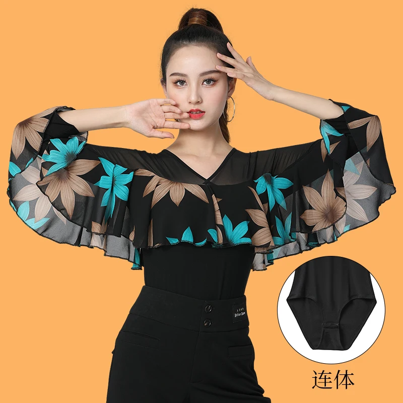 Adult Latin Dance Top For Women Training Clothes Mesh Sleeved Modern Dance Dress Chacha Rumba Latin Performance Costumes DQL8552