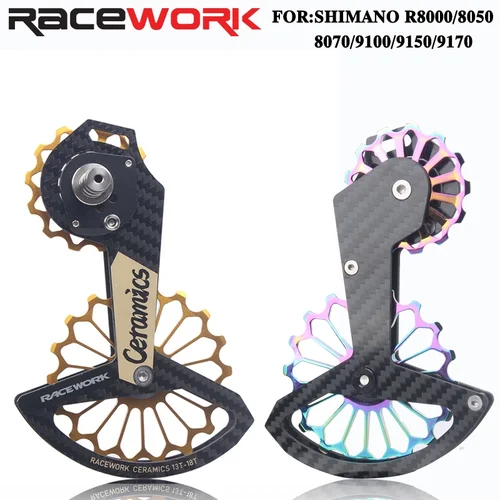 Imagen 1 del producto RACEWORK-desviador trasero de bicicleta de carretera, rueda guía de polea de rodamiento de cerámica de fibra de carbono, arcoíris para SHIMANO R7000 R8000/8050/9100, 18T