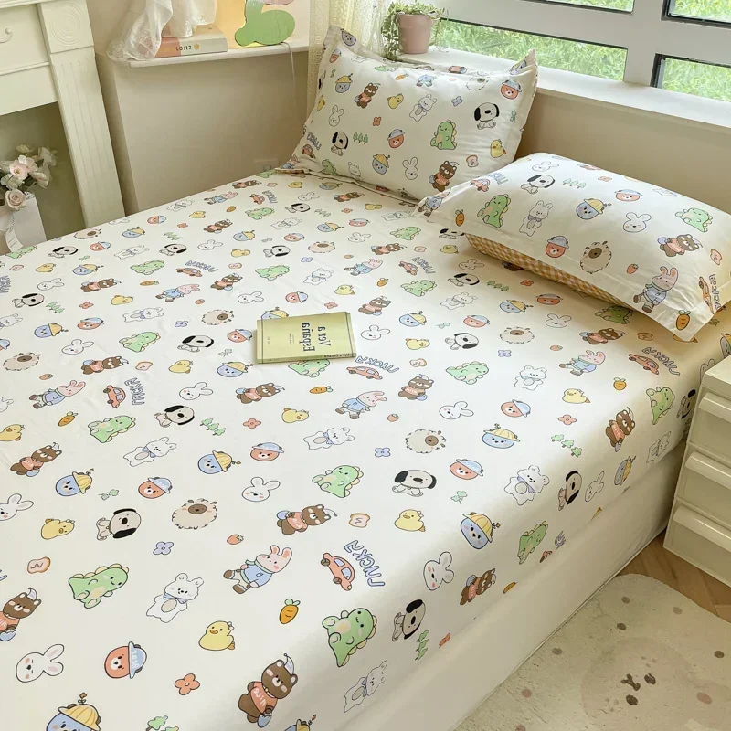 100% Cotton Breathable Animal Park Theme Fitted Sheet Set Letter Print Kids Adults Bedroom Decoration Single Double Bedding