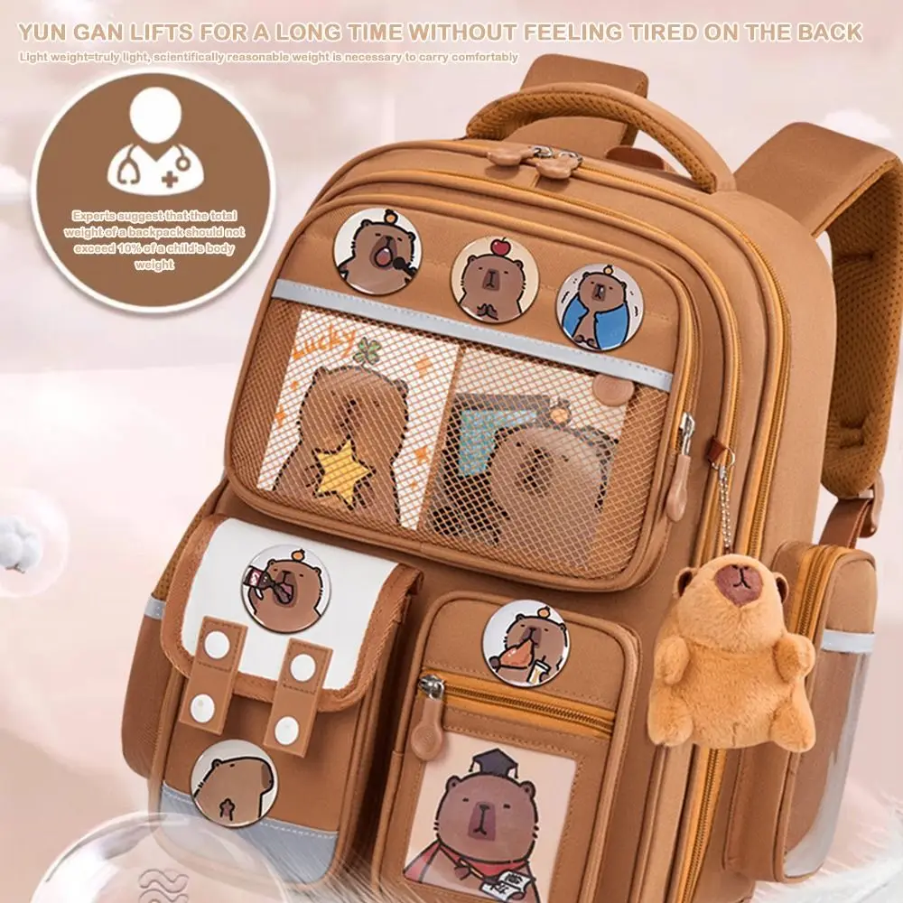 Waterproof Capybara Backpack with Card Badge Doll Large Capacity School Bag Widen Straps Alleviate Burden Backpack for Students