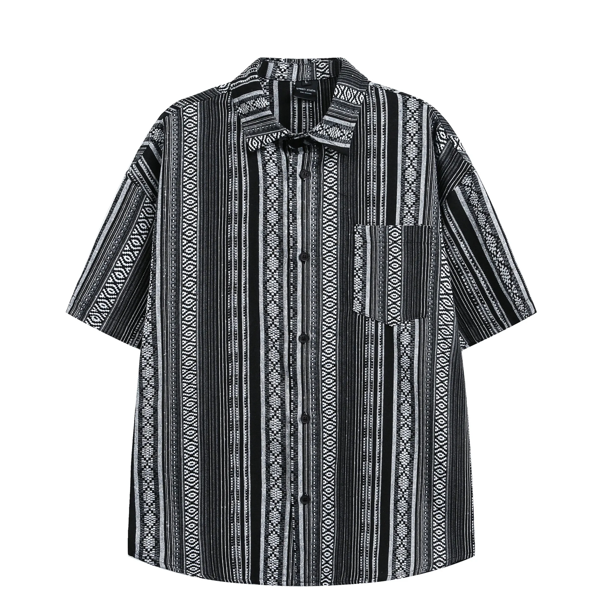 Japanese Vintage Ethnic Jacquard Striped Workwear Shirt for Men Summer Oversized Loose-Fitting Unisex Vintage Half Sleeve Shirt