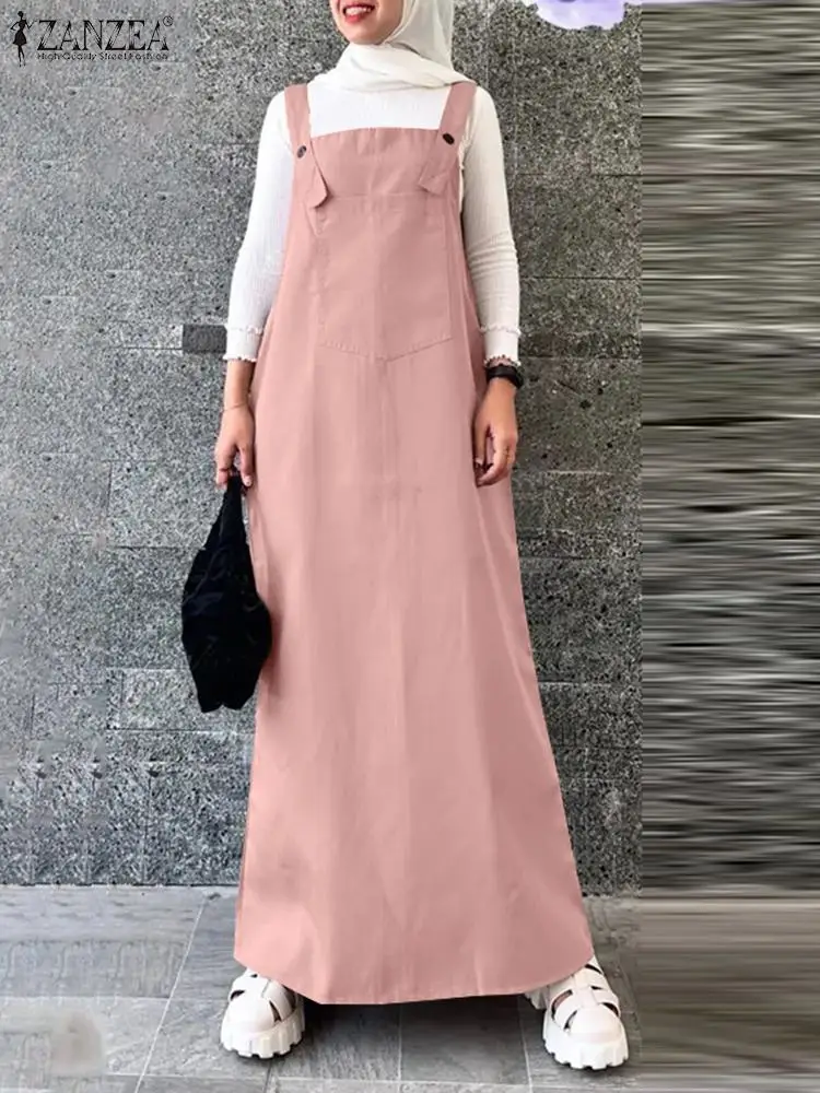 Elegant Women Autumn Overalls Dress Muslim Turkey Abaya Robe Femme ZANZEA Fashion Sleeveless Solid Dress Islamic Clothing 2024