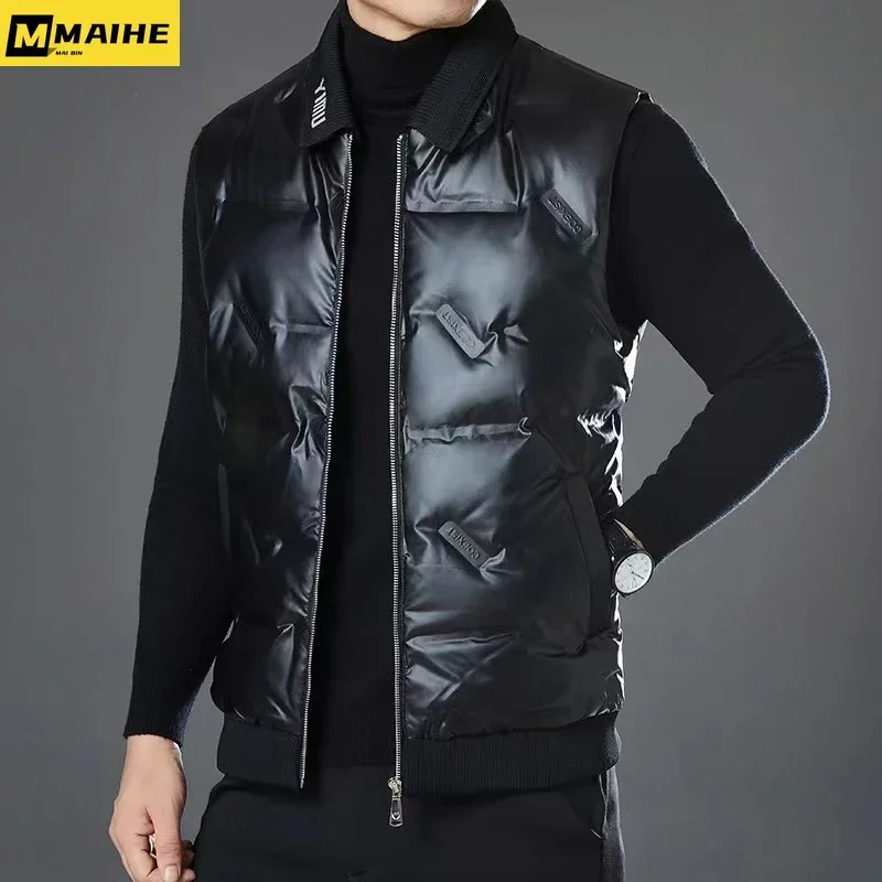 Brand Winter Sleeveless Down Jacket Men\'s Casual Lapel Bright Waterproof Warm Vest Men\'s Lightweight White Duck Down Vest Coat