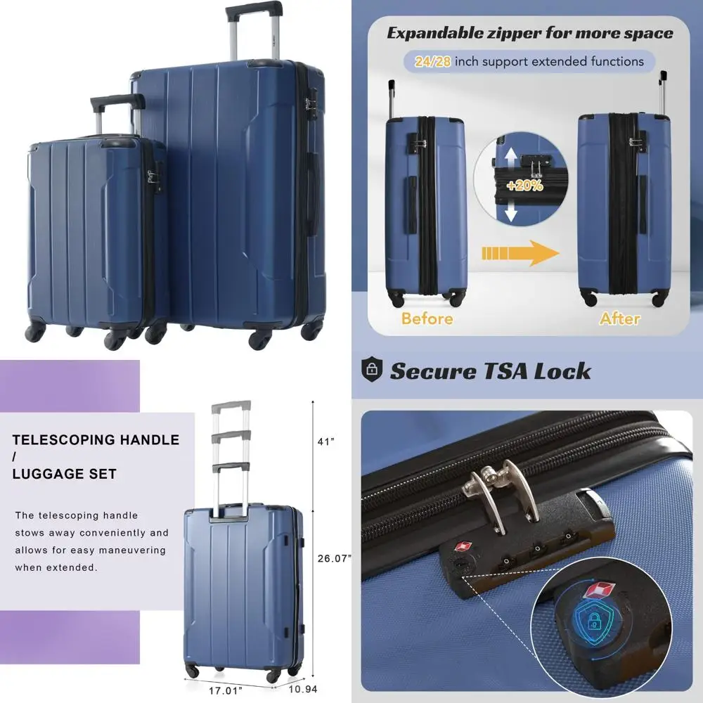 

carry-on spinner luggage with tsa lock, usb port, expandable 28" lightweight hardshell suitcase in ice blue, 3 pieces set