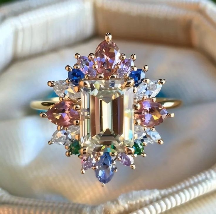 Light Luxury Colorful Floral Copper Ring Inlaid with Multi-Colored Artificial Gems for Women, Suitable for Dating and Party Wear