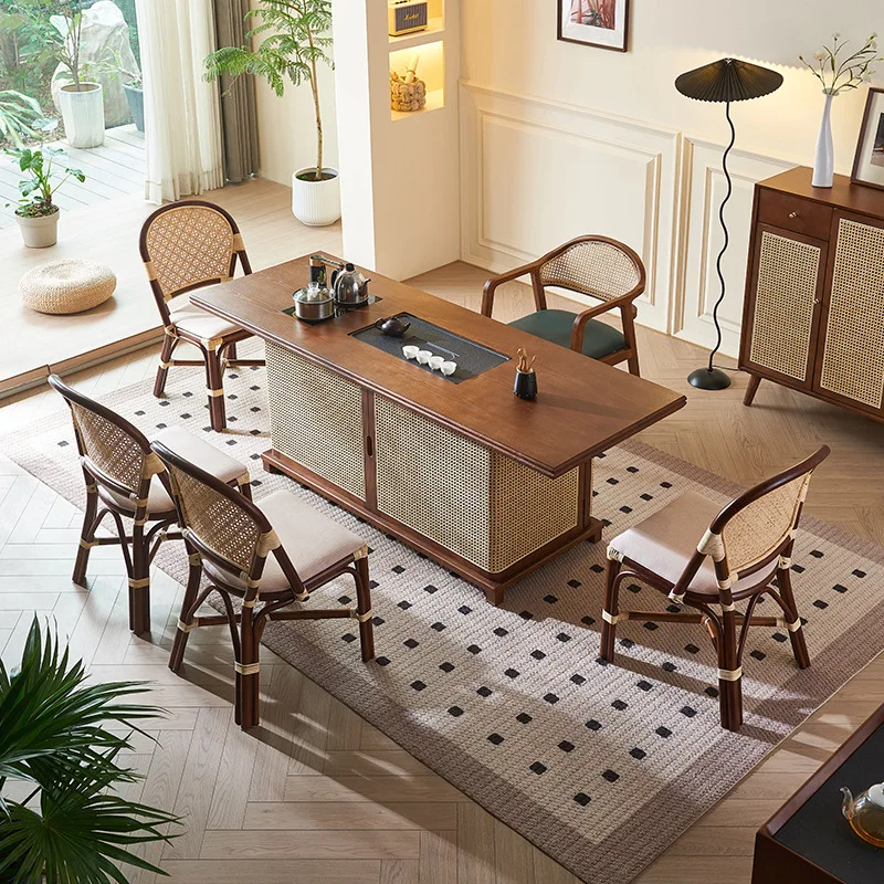 

Nordic solid wood tea table and chair combination new Chinese rattan tea table office home set integrated zen tea table