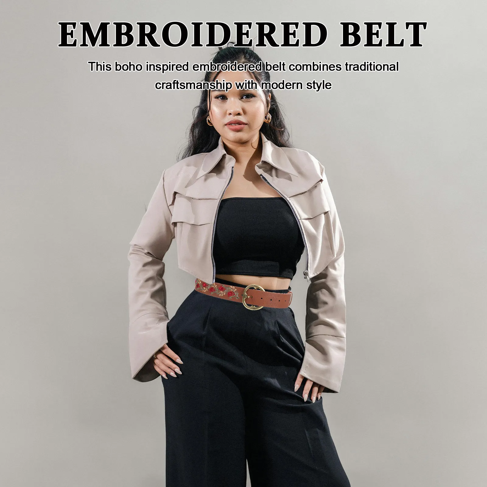 

Пояс в стиле бохо с вышивкой, коричневый, с регулируемой пряжкой, с цветочным узором, для платьев и джинсов, женский пояс в стиле бохо