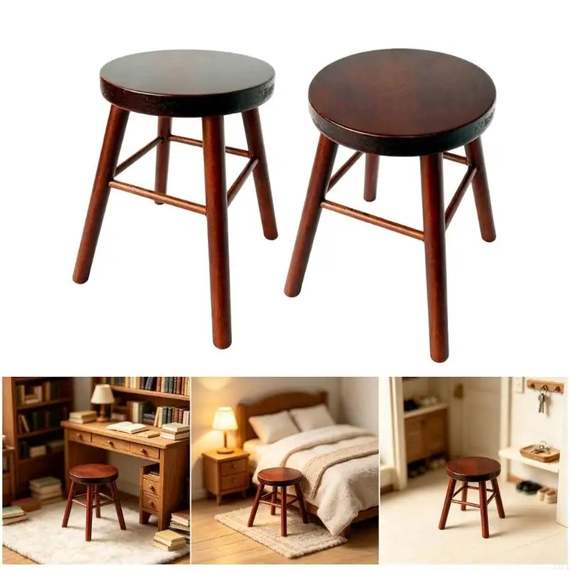 1:12 Scale Miniature Wooden Stool Set for Small Room Furniture, Living Area Seating Accent for Display Layouts, DIY Use and