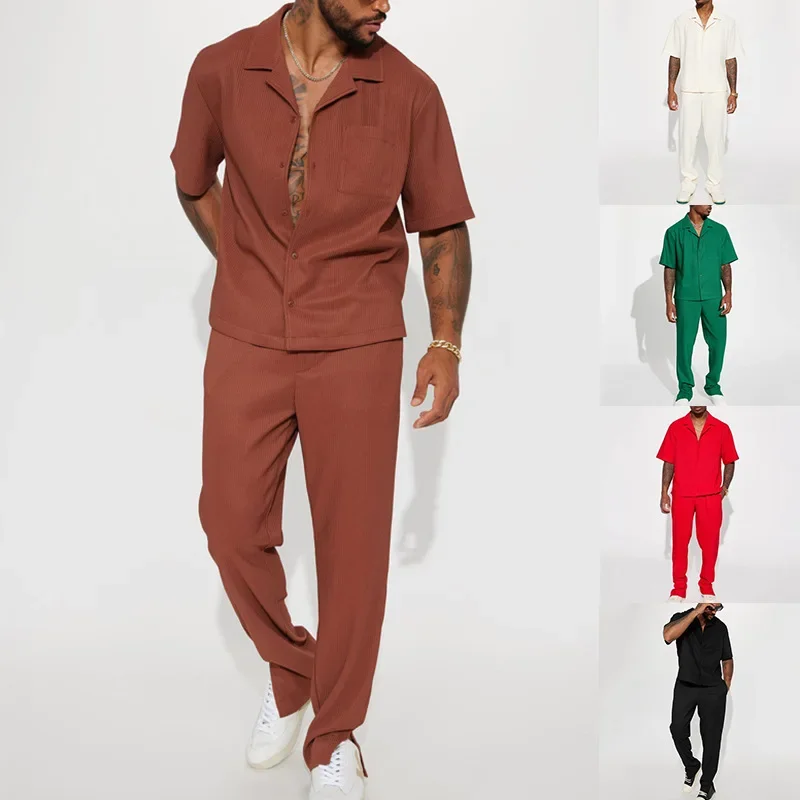 Fashion New Men's Solid 2 Piece Sets Casual Streetwear Loose Short Sleeve Lapel Shirt and Pants Outfits Spring Summer Tracksuits