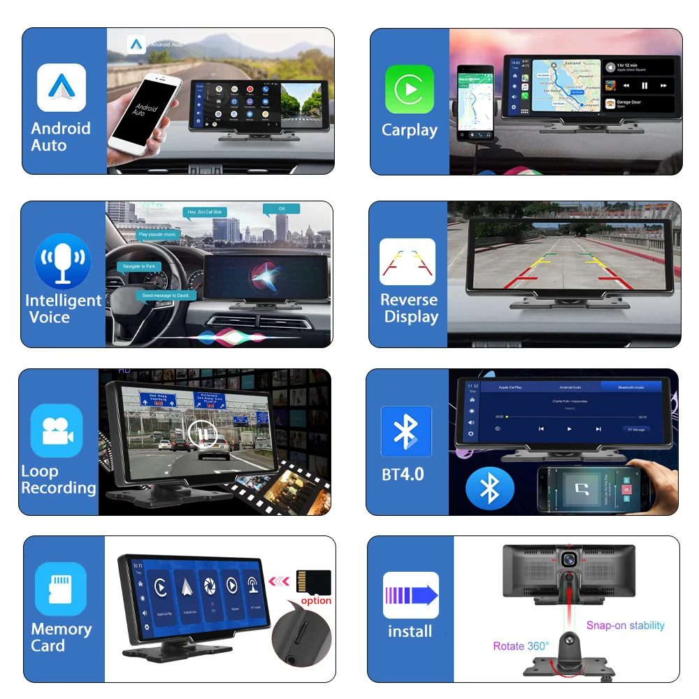 Podofo Autospiegel Video-opname Carplay & Android Auto Draadloze verbinding GPS-navigatie Dashboard DVR AI Voice