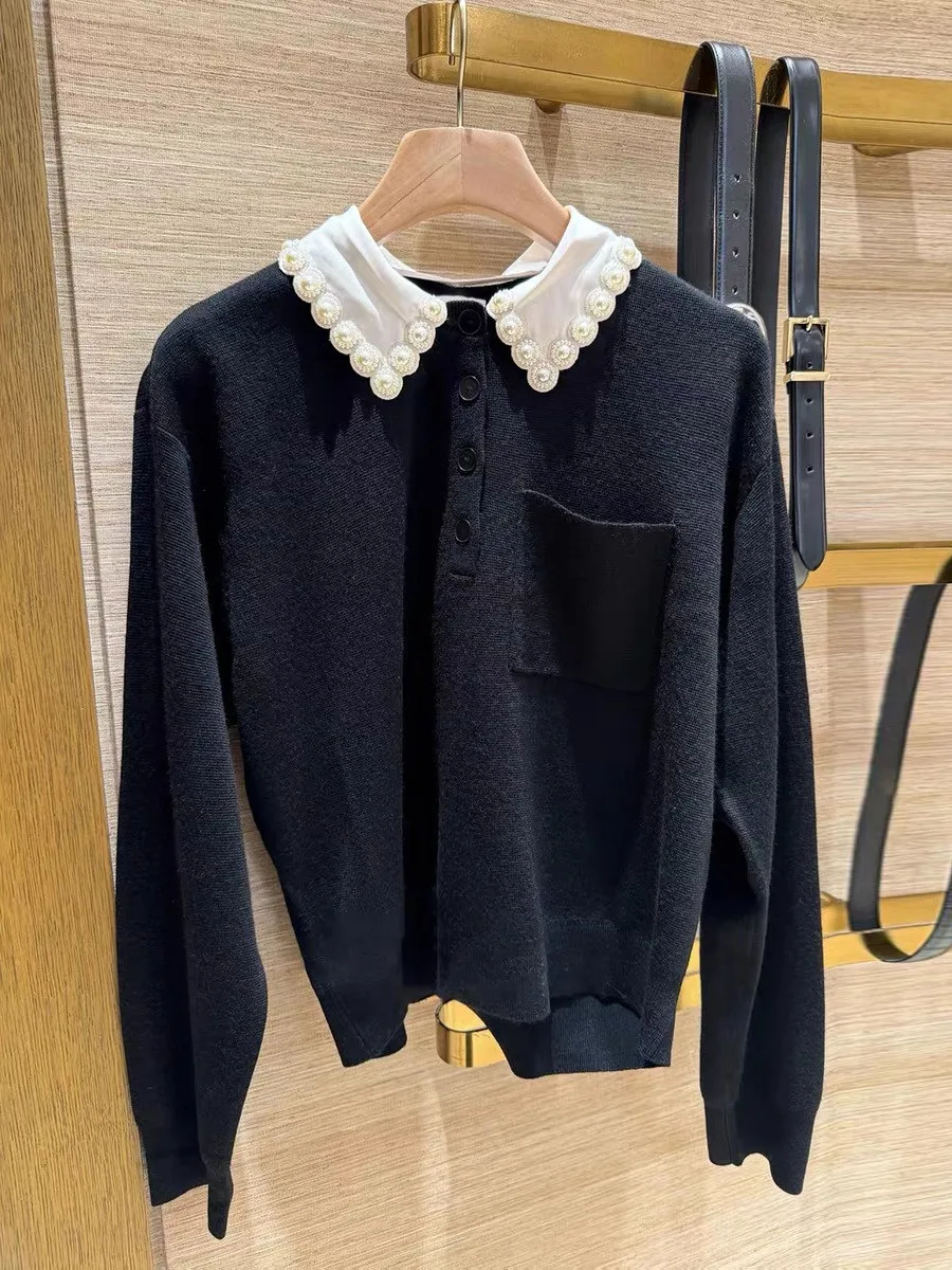 High-End Version European Style Color Block Ruffle Doll Collar Knitted Top Age-Defying Women's Fashion Winter Seasonal Sweater