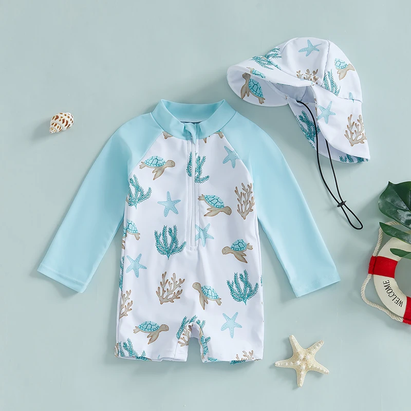 Kids Boys Summer Swimwear Casual Dinosaur/Sea Creature Print Zipper Rash Guard Swimsuit and Hat Beachwear Bathing Suit