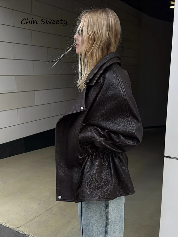 Women's Cinched Waist Coats Faux Leather Jackets High Neck Outwear Zip Detail Oversized Autumn Casual Street Fashion Clothes