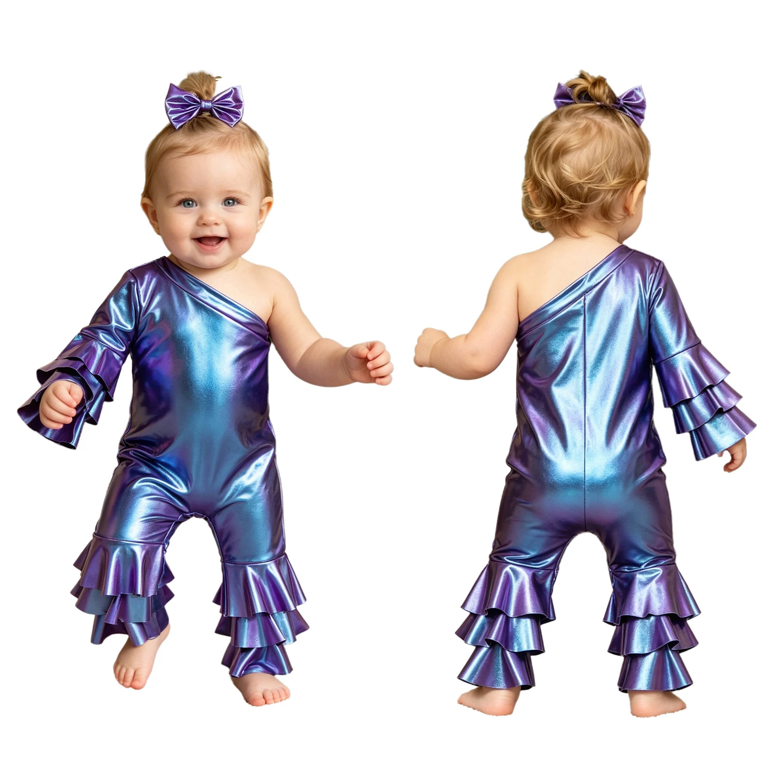 Baby Girls Metallic Shiny Romper One Shoulder Zipper Bell-bottom Jumpsuit with Bow Headband for Disco Theme Party Photo Shoot