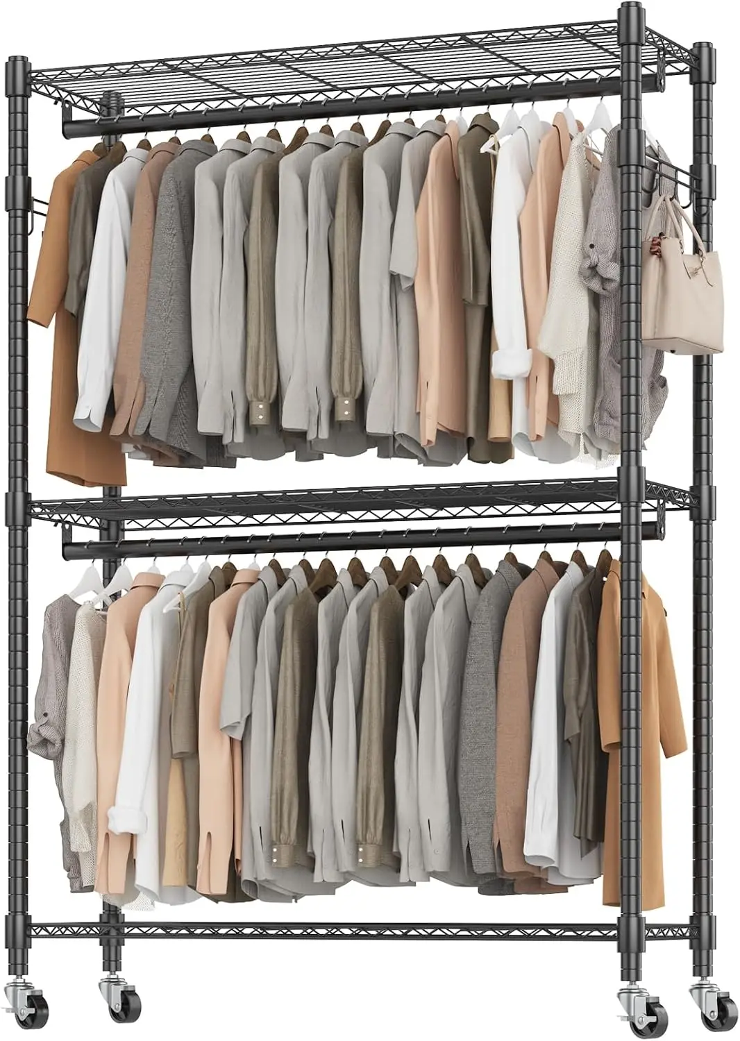 Heavy Duty Garment Rack on Wheels, Rolling Clothes Racks for hanging clothes, Simple Sturdy Wardrobe Rack with Double Han