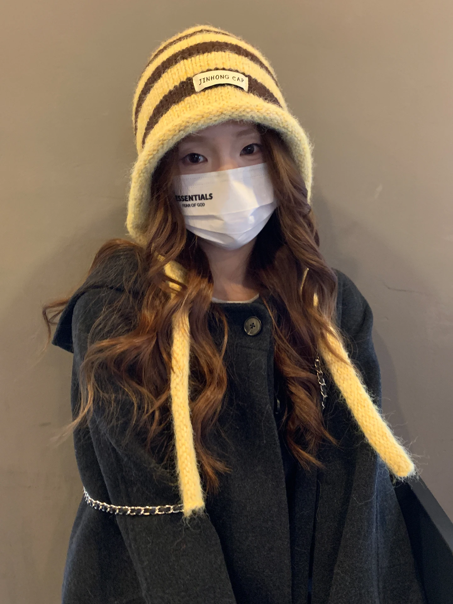 Contrast Color Striped Hat Women's Autumn And Winter Warm Large Circumference Windproof Ear-Protecting Knitted Hat