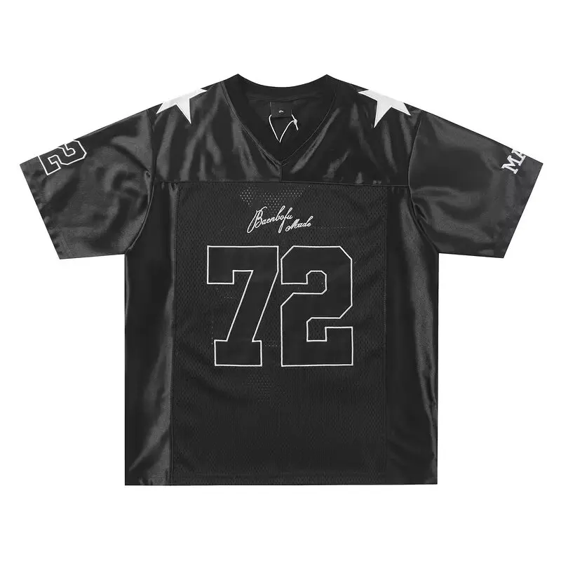 

Men Jersey T-Shirt Y2K Vintage Embroidered Star Patchwork Sport T shirt Man Hip Hop Harajuku Casual Quick Dry Urban V-Neck Top