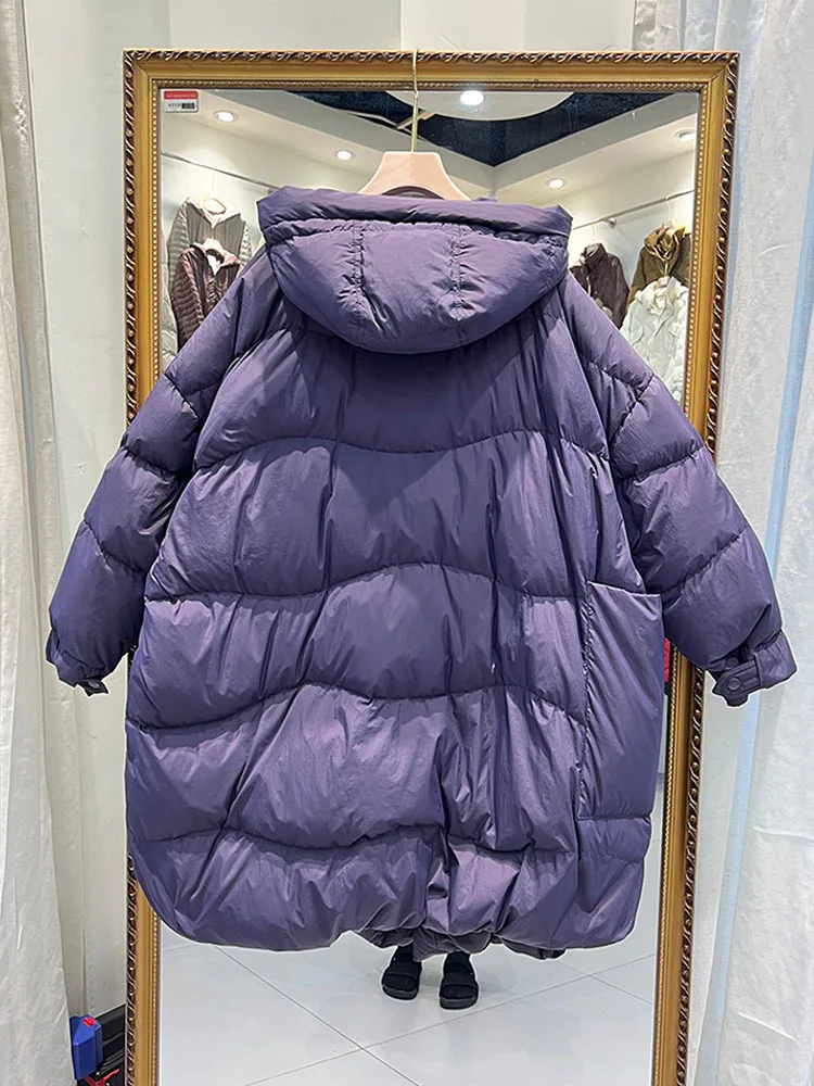 women White Duck Down Long Jacket with Hood Loose Over Size Coat Autumn Winter Warm Outwear Korean Style Big Pockets