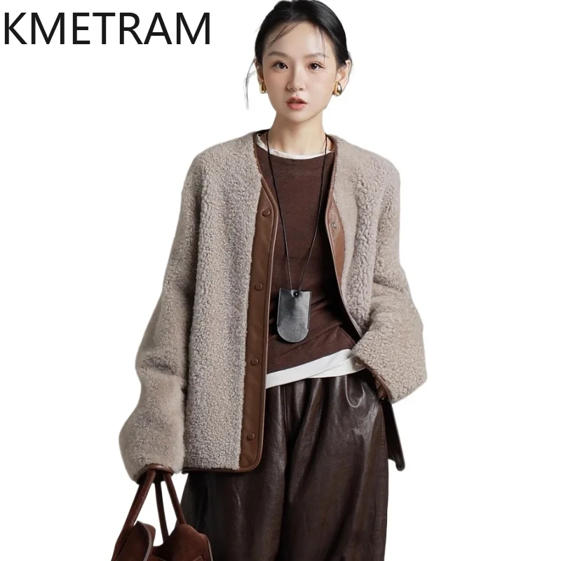 سترة KMETRAM من جلد الغنم الطبيعي مع سترة مرفقة من الصوف ملابس خارجية من فرو المرأة السوداء معاطف مزدوجة الوجه للمرأة شتاء 2025 شوروبا