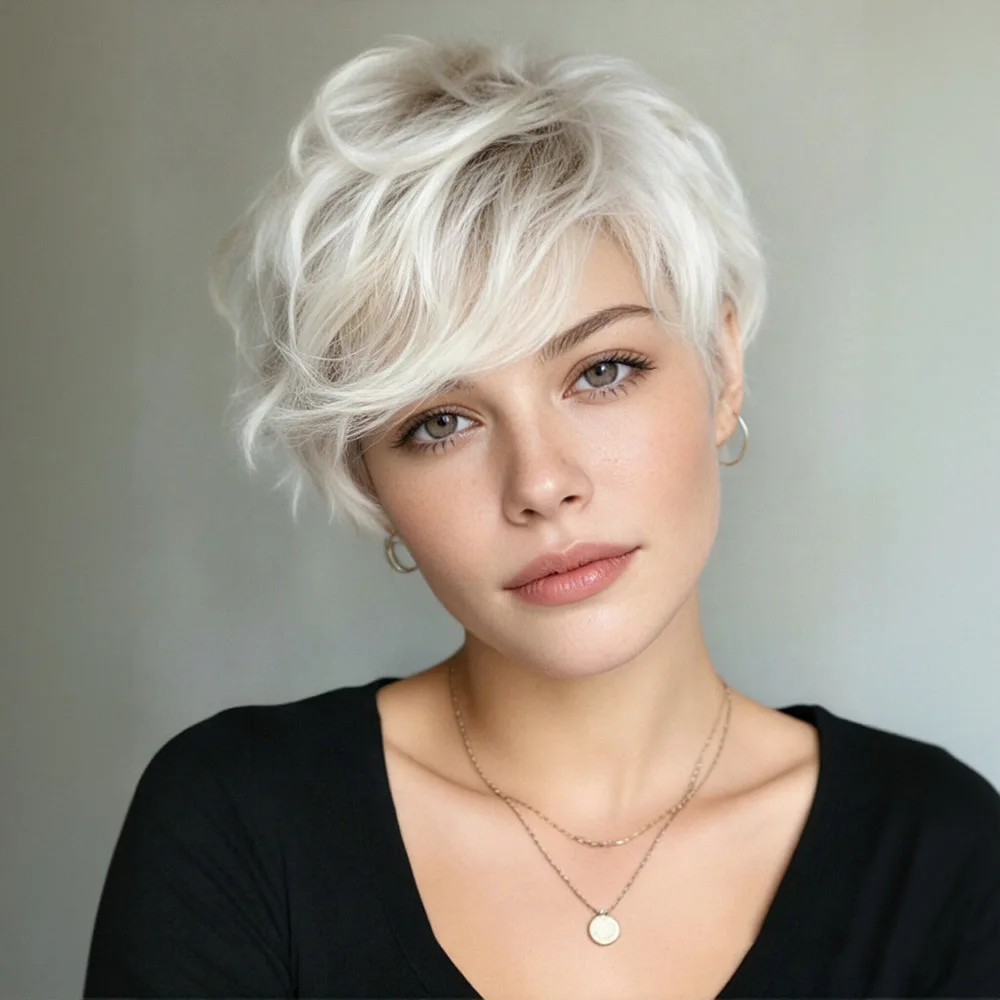 

Платиновый блондин Короткие парики с стрижкой пикси Человеческие волосы Многослойные прямые парики из человеческих волос с челкой Мягкие волосы для женщин Кепка машинного производства