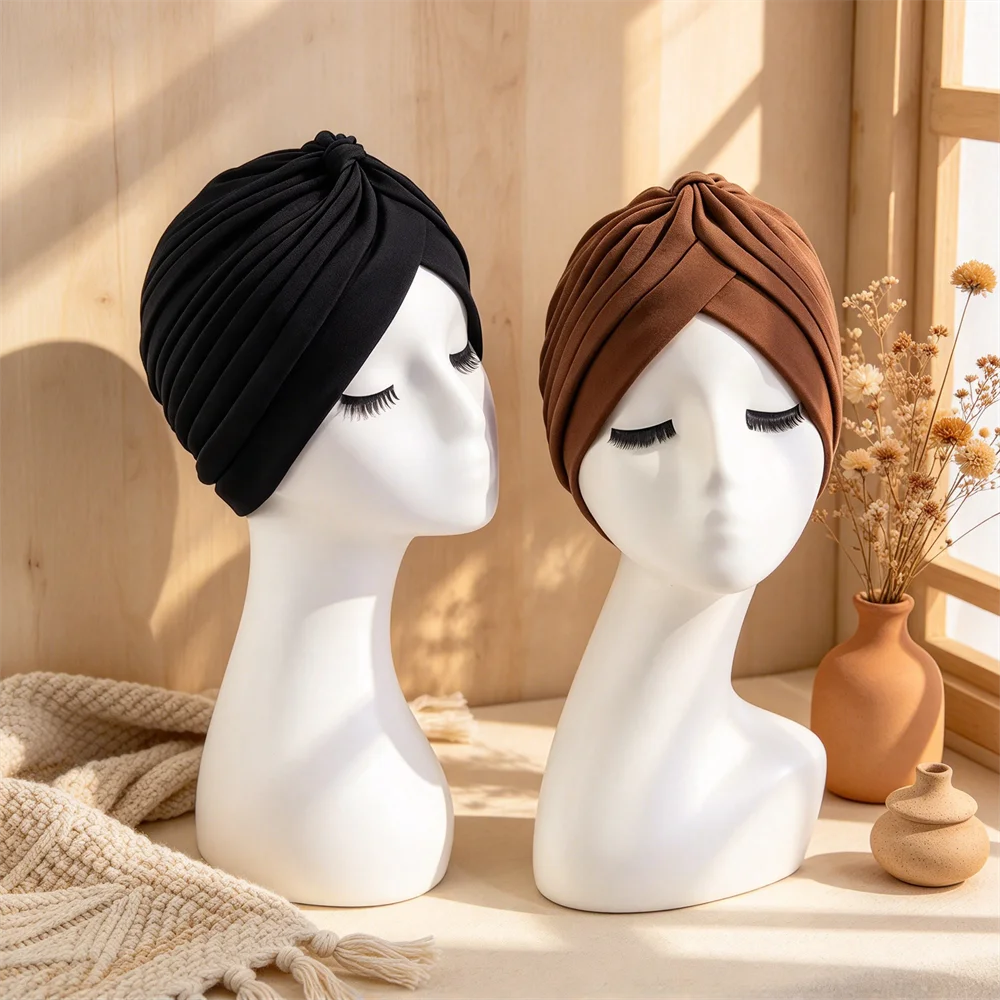 Women Side Twist Pleated Turban Hat, Stretch Knit Head Wrap, Muslim Hijab Inner Cap, Soft Chemo Headwear for Hair Loss