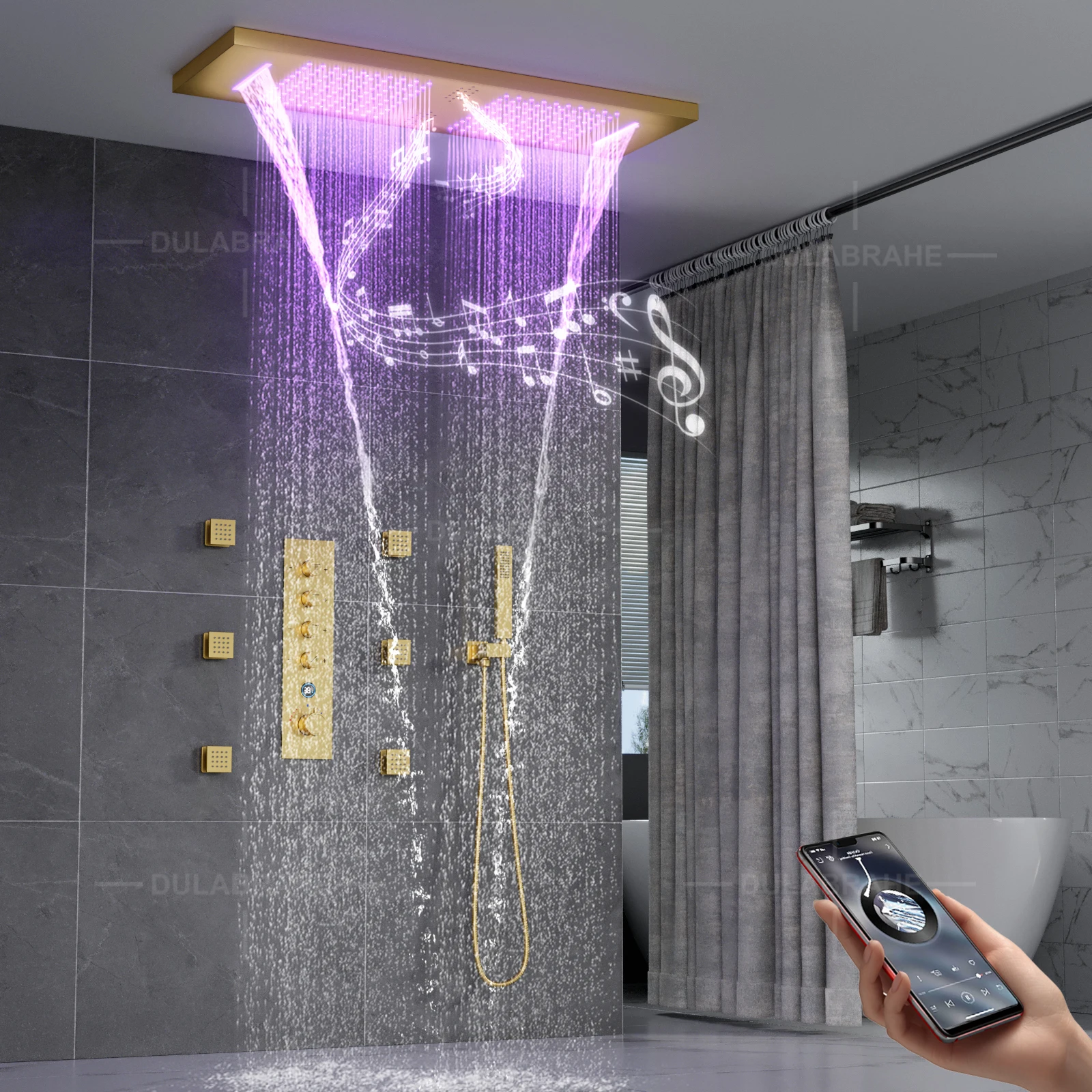 

Потолочный встроенный 36*12 дюймов музыкальный светодиодный насадка для душа дисплей температуры термостатический смеситель для душа регулируемый поток воды