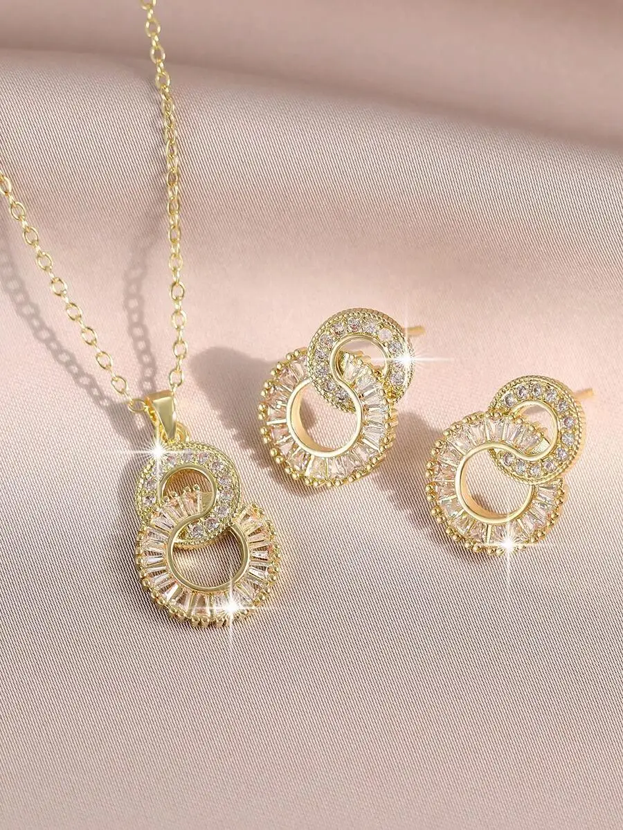 

3pcs Elegant Cubic Zirconia Interlocking Circle Necklace And Earrings Set For Women Daily Wear Holiday Gift