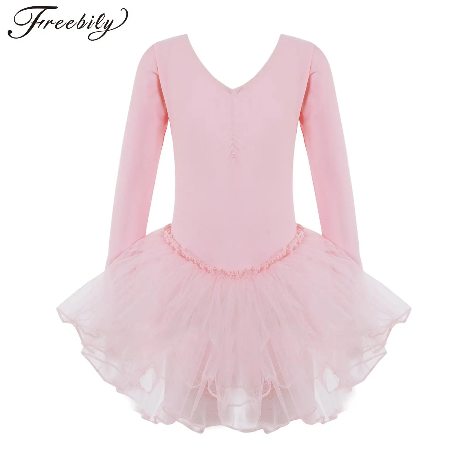 Kids Girls Ballet Tutu Long Sleeve Mesh Gymnastics Leotard Dress Ballerina Dance Class Training Performance Costume Dancewear