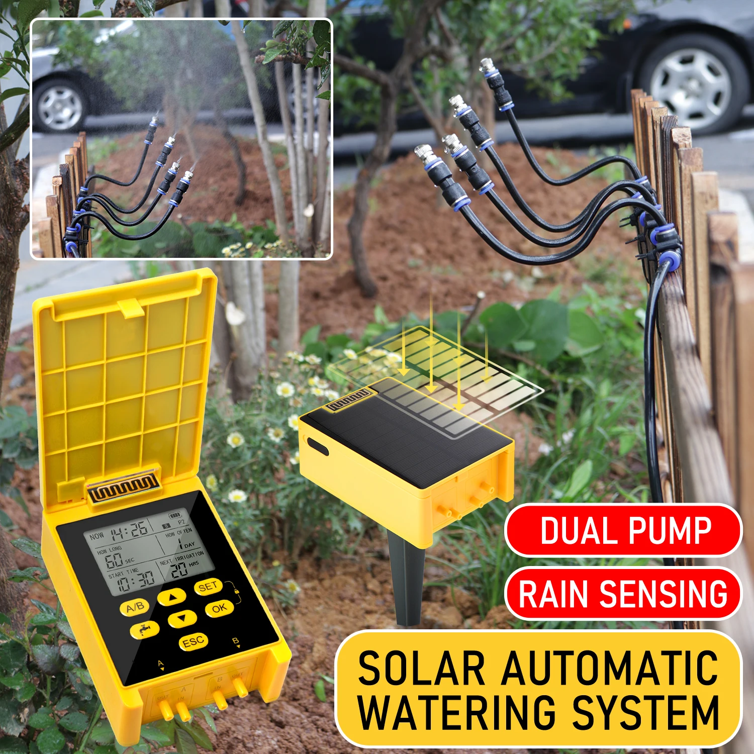 

Double Pump Solar Power Timers Smart Drip Watering System Rain Sensing Garden Irrigation Automatic Watering Device for Plants