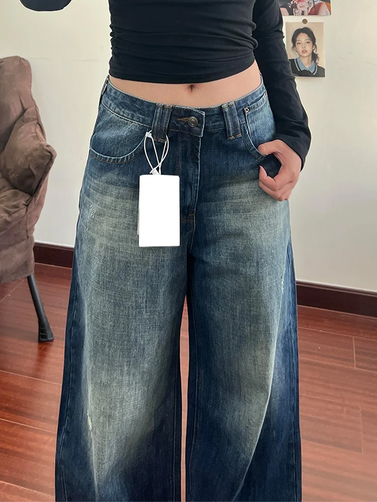 American Style Hot Girl Design Flip- Jeans Women Loose Fit Vintage Fashion High Waist Straight Leg Long Pants
