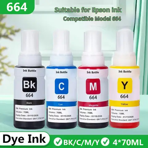 Recharge d'encre à colorant 64 4x70ML, recharge d'encre Premium pour Epson 664 T6641 T6642 T6643 T6644 L495 L550 L555 L565 L566 L575 L1300 L396