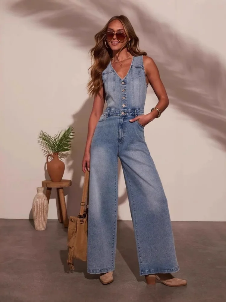 

Wmstar Jumpsuits Rompers Women Wholesale New American Summer Casual V Neck Sleeveless Denim Jumpsuit for Woman Luxury 2025