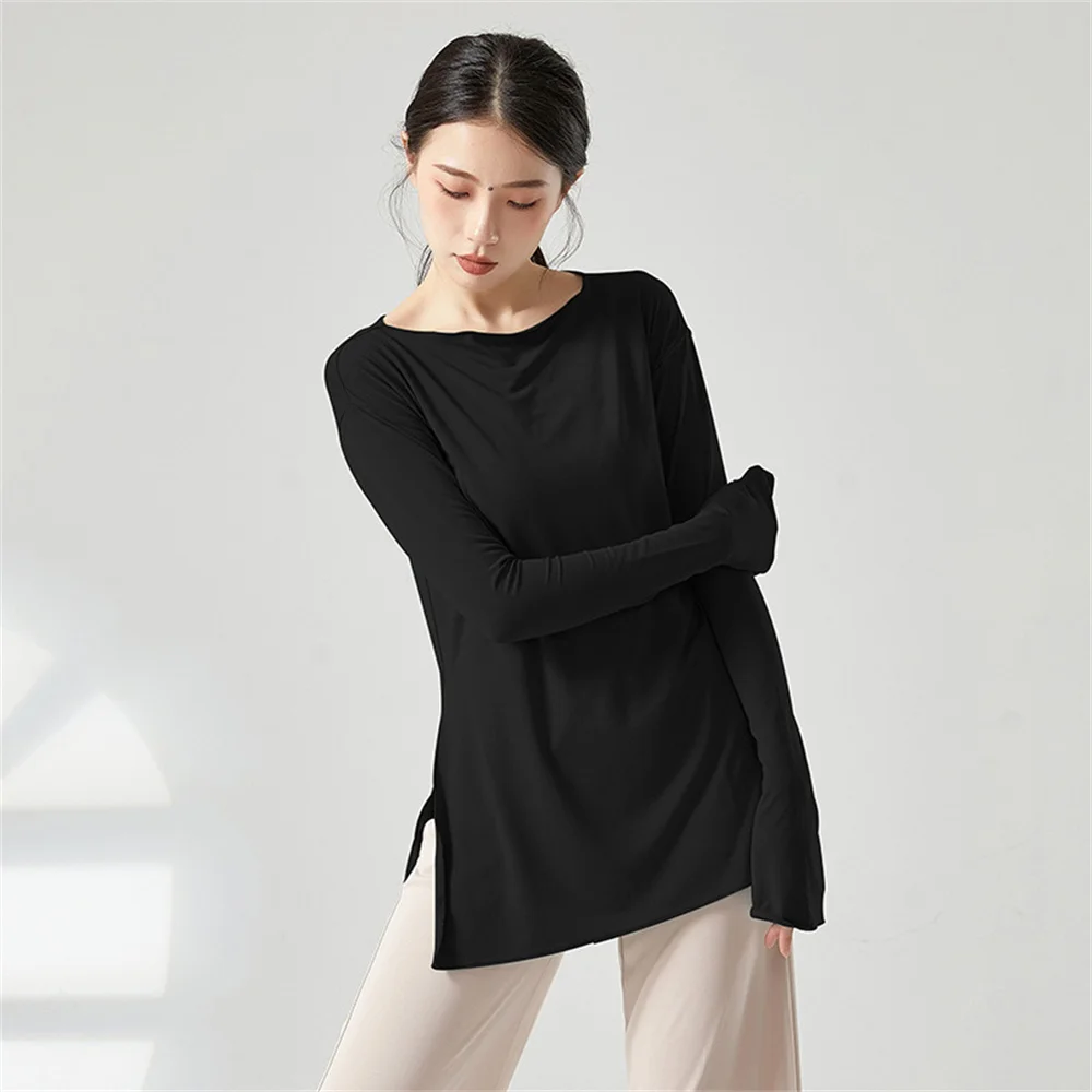 Women Loose Yoga Shirt Girls Modern Dance Top Long Sleeve Breathable Spring Autumn Fitness Spor Elastic Classical Dance T-Shirt - Image 2