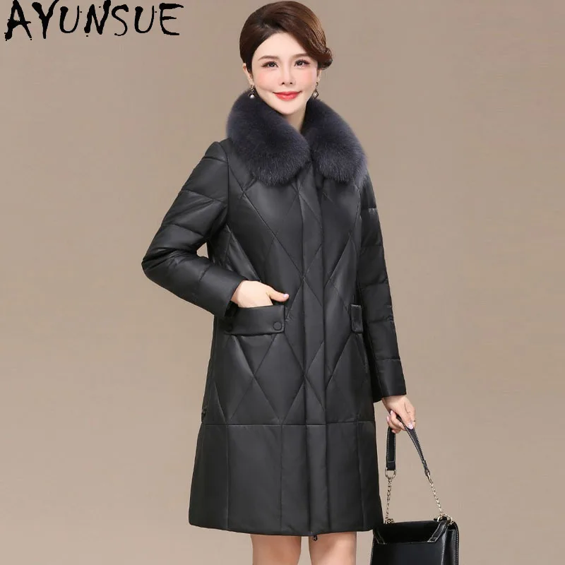 AYUNSUE Piumino in vera pelle Donna Abiti invernali 2025 Cappotto di pelle di pecora di media lunghezza per donna Collo di pelliccia di volpe Jaqueta Couro
