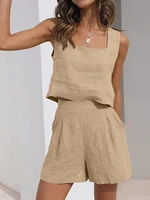 Conjuntos de 2 piezas de verano para mujer, conjuntos a juego para salón, pantalones cortos de lino de dos piezas, Tops cortos, ropa de moda, conjunto de vacaciones en 7 colores 2023